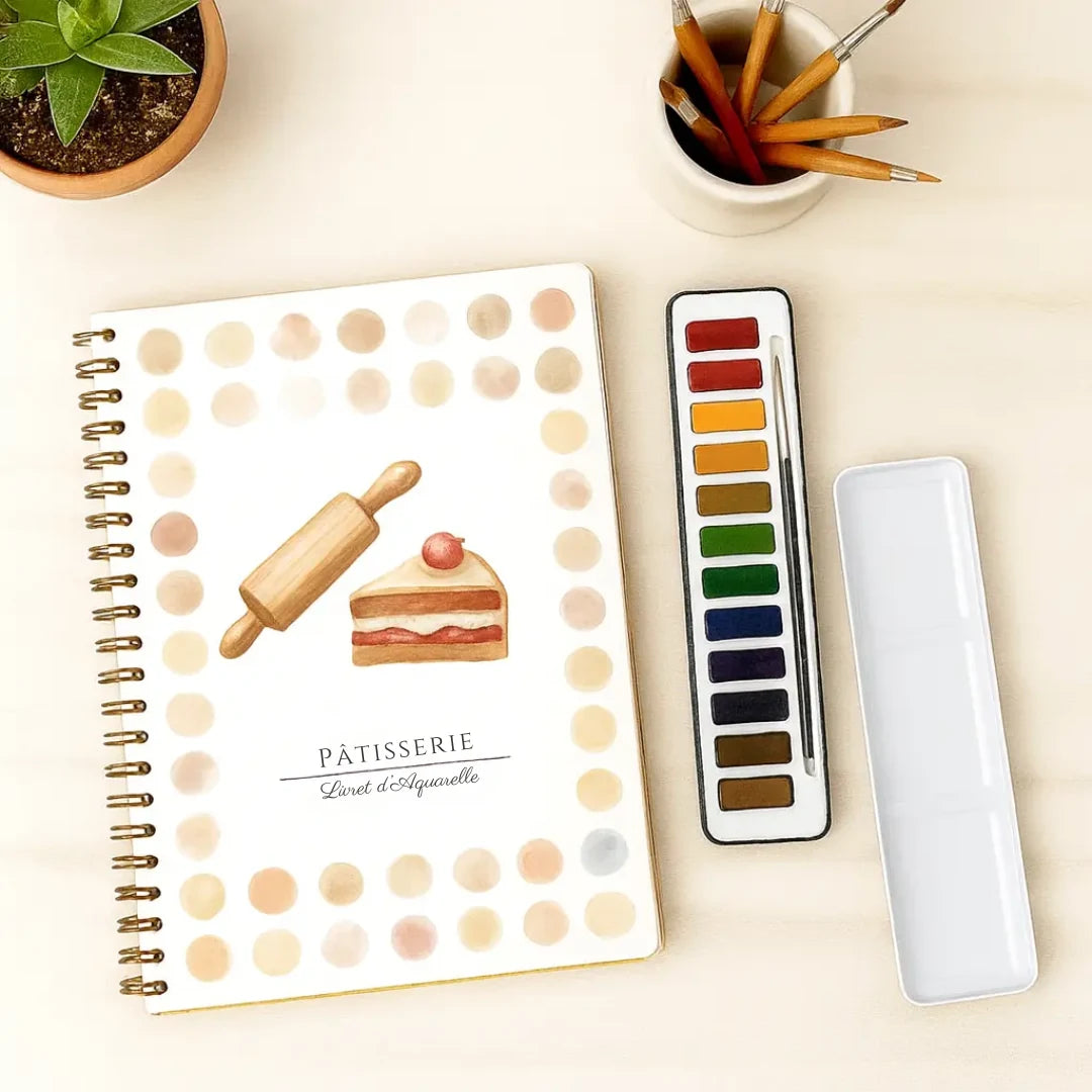 Livret d'aquarelle Pâtisserie avec palette de 12 couleurs