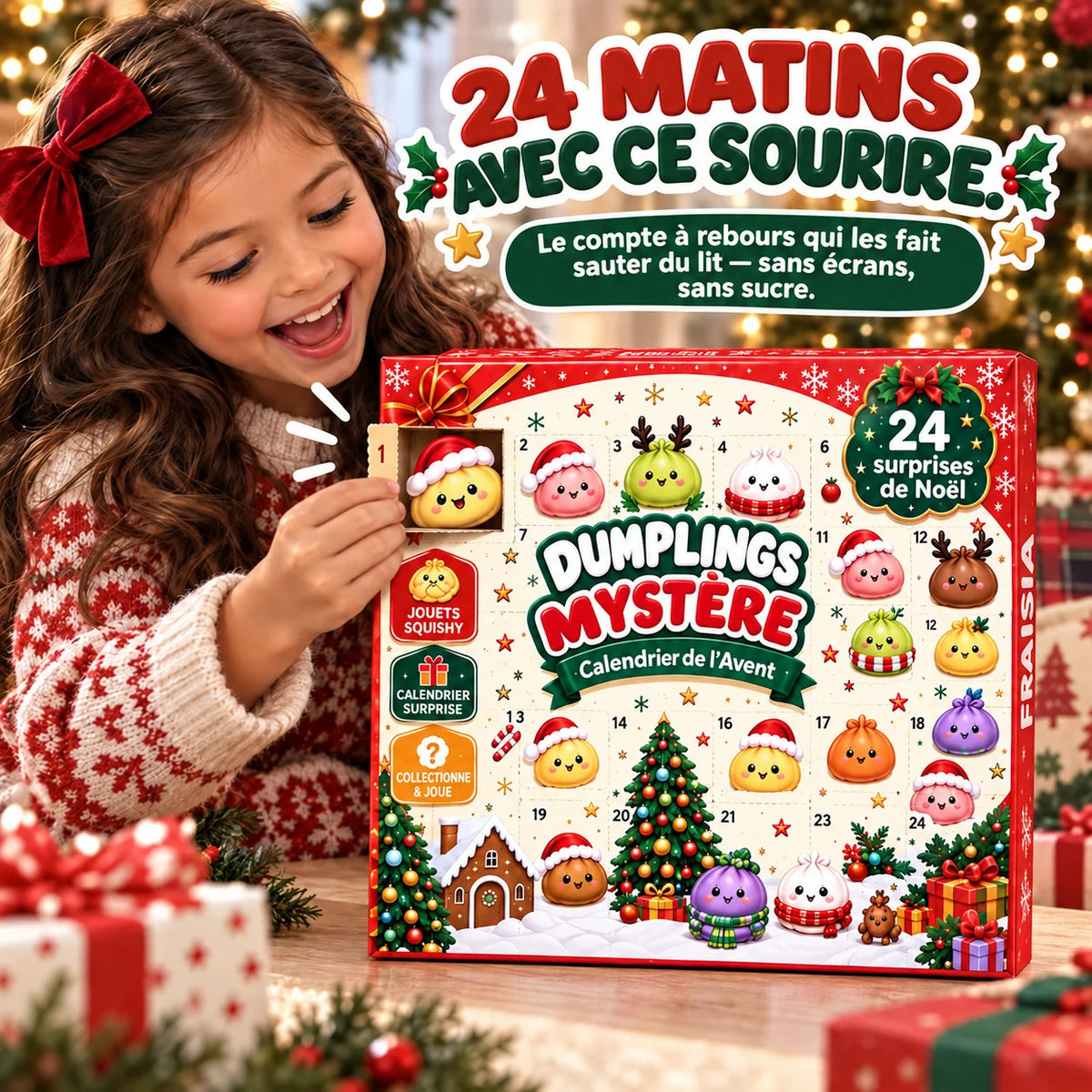 Une enfant ouvre la première case du calendrier de l'Avent squishy