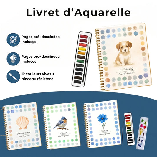 Livret d'aquarelle Fraisia : pages pré-dessinées, 12 couleurs vives et pinceau résistant