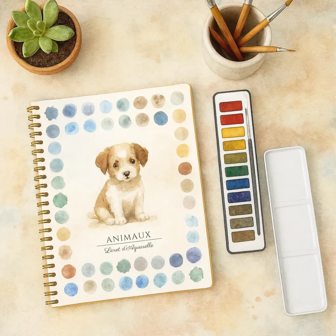 Livret d'aquarelle Animaux avec palette de 12 couleurs