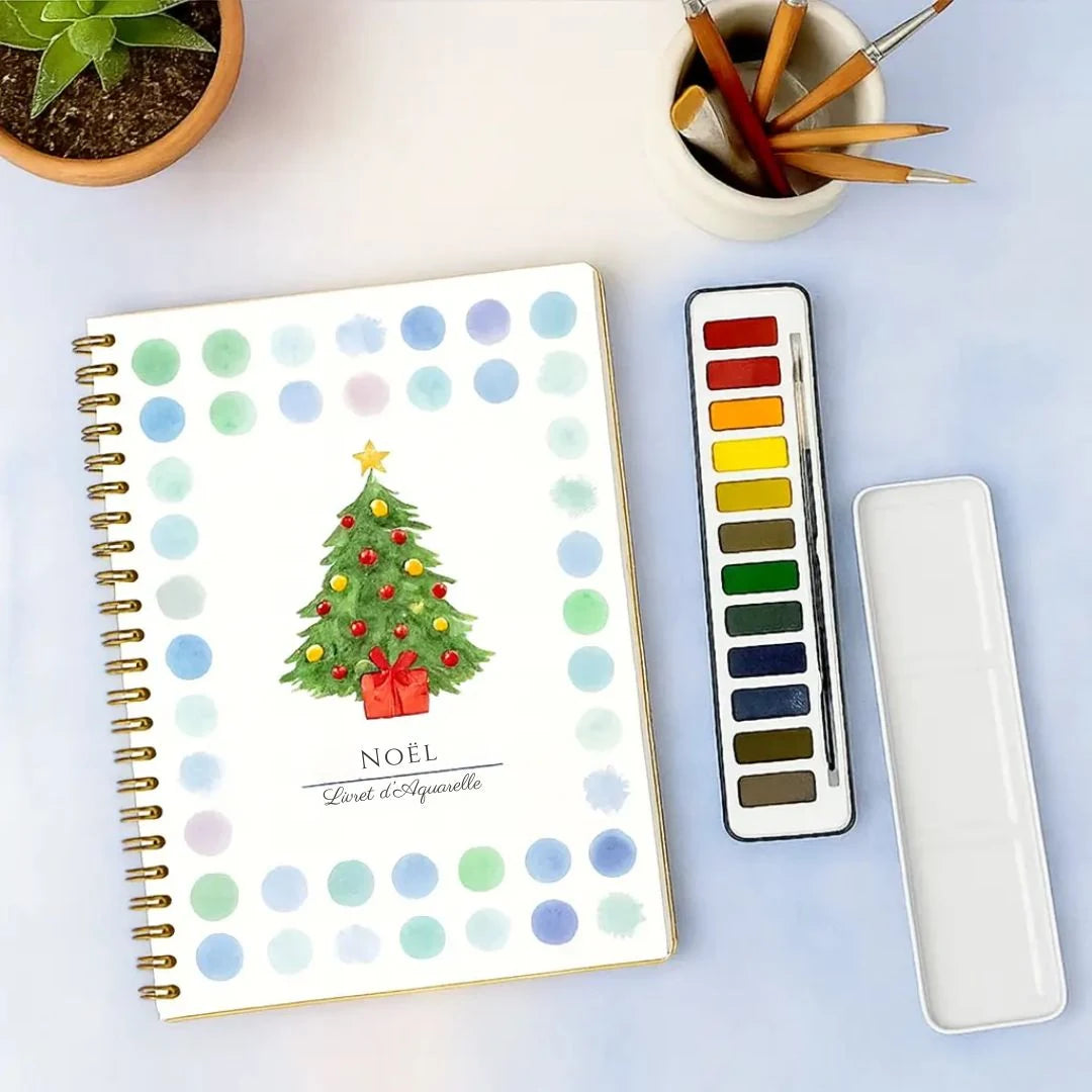 Livret d'aquarelle Noël avec palette de 12 couleurs