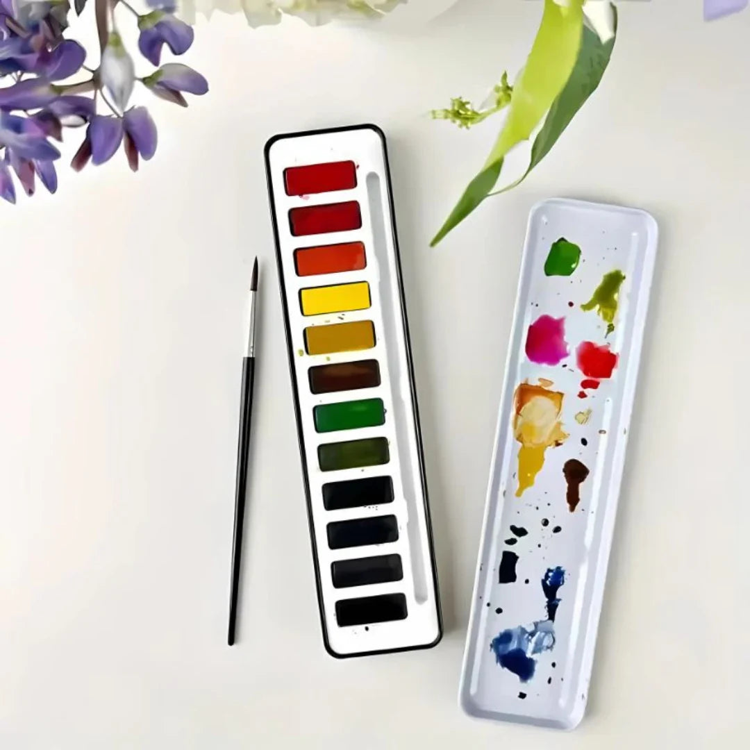 Palette de 12 couleurs, pinceau et godet de mélange