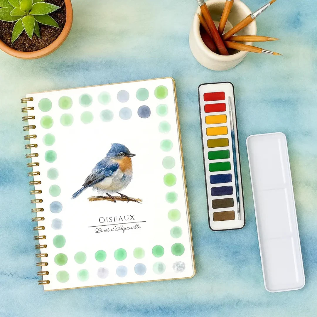 Livret d'aquarelle Oiseaux avec palette de 12 couleurs