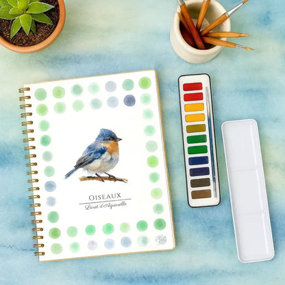 Livret d'aquarelle Oiseaux avec palette de 12 couleurs
