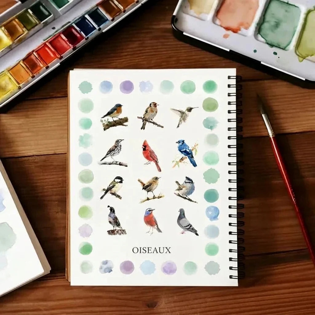 Livret d'aquarelle Oiseaux, palettes et pinceau