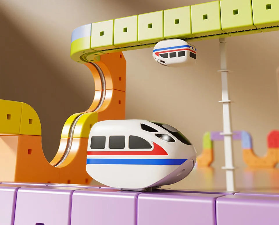 Petit train électrique qui roule à l’envers sous le circuit