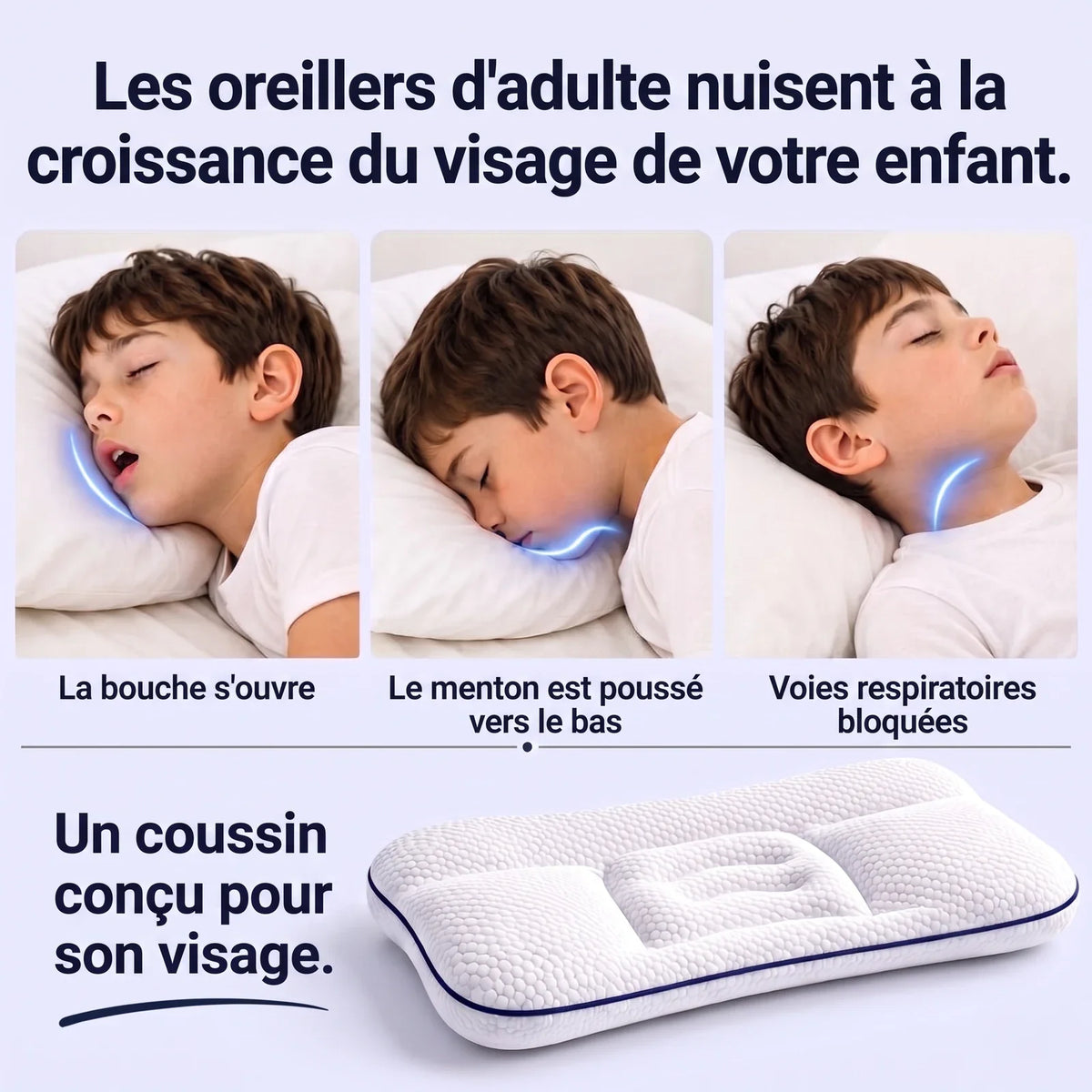 Les oreillers d'adulte nuisent à la croissance du visage : bouche ouverte, menton poussé, voies respiratoires bloquées
