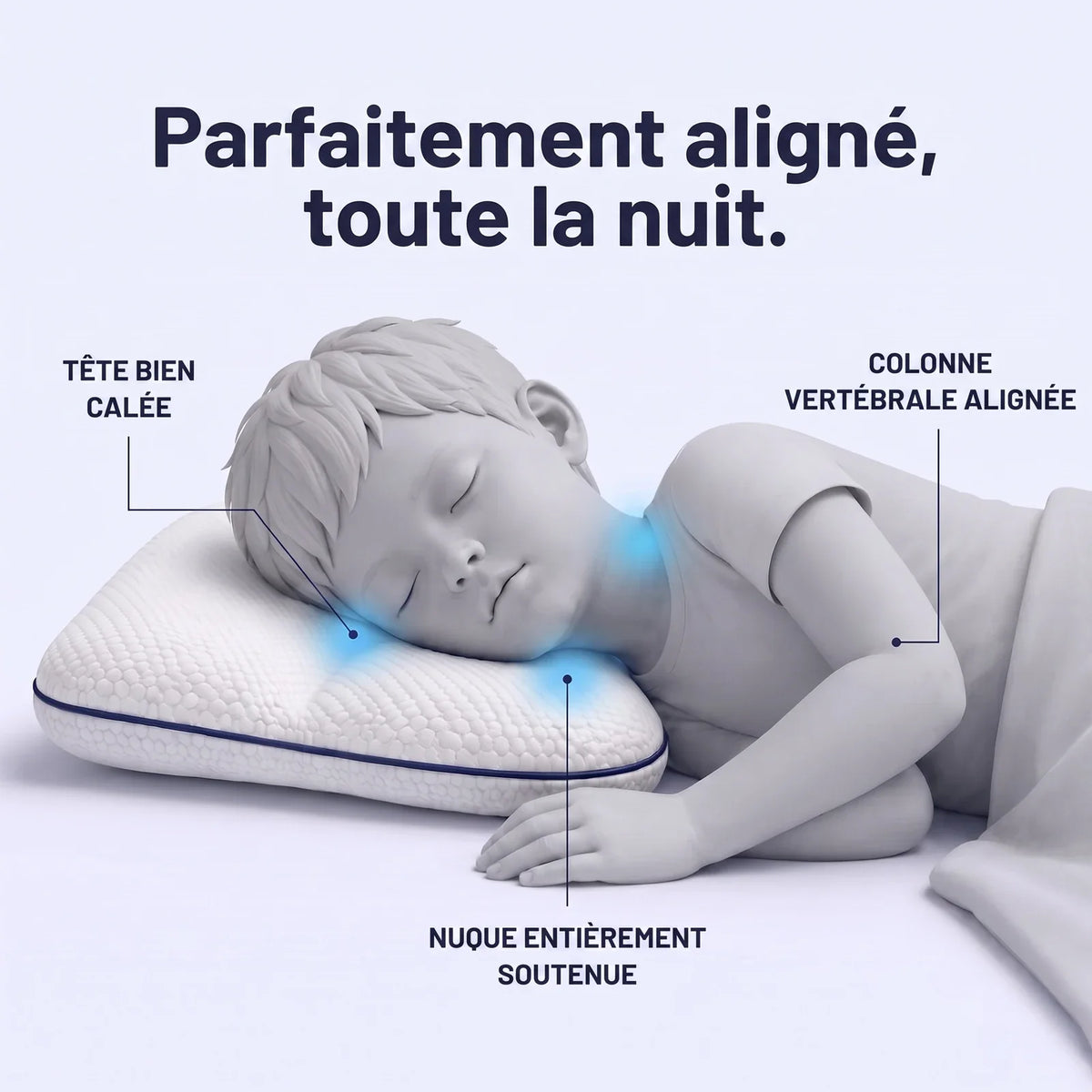 Vue 3D : tête, nuque et colonne vertébrale alignées sur le coussin enfant Fraisia