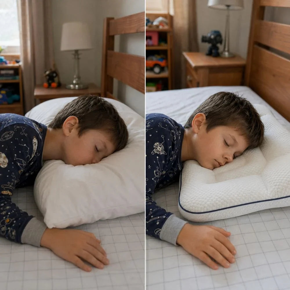 Avant / après : enfant sur un oreiller classique puis sur le coussin enfant Fraisia