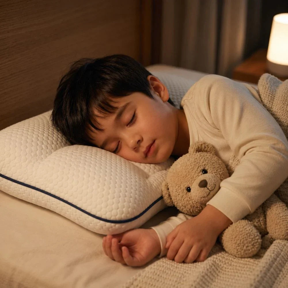 Enfant endormi paisiblement avec son doudou sur le coussin enfant Fraisia