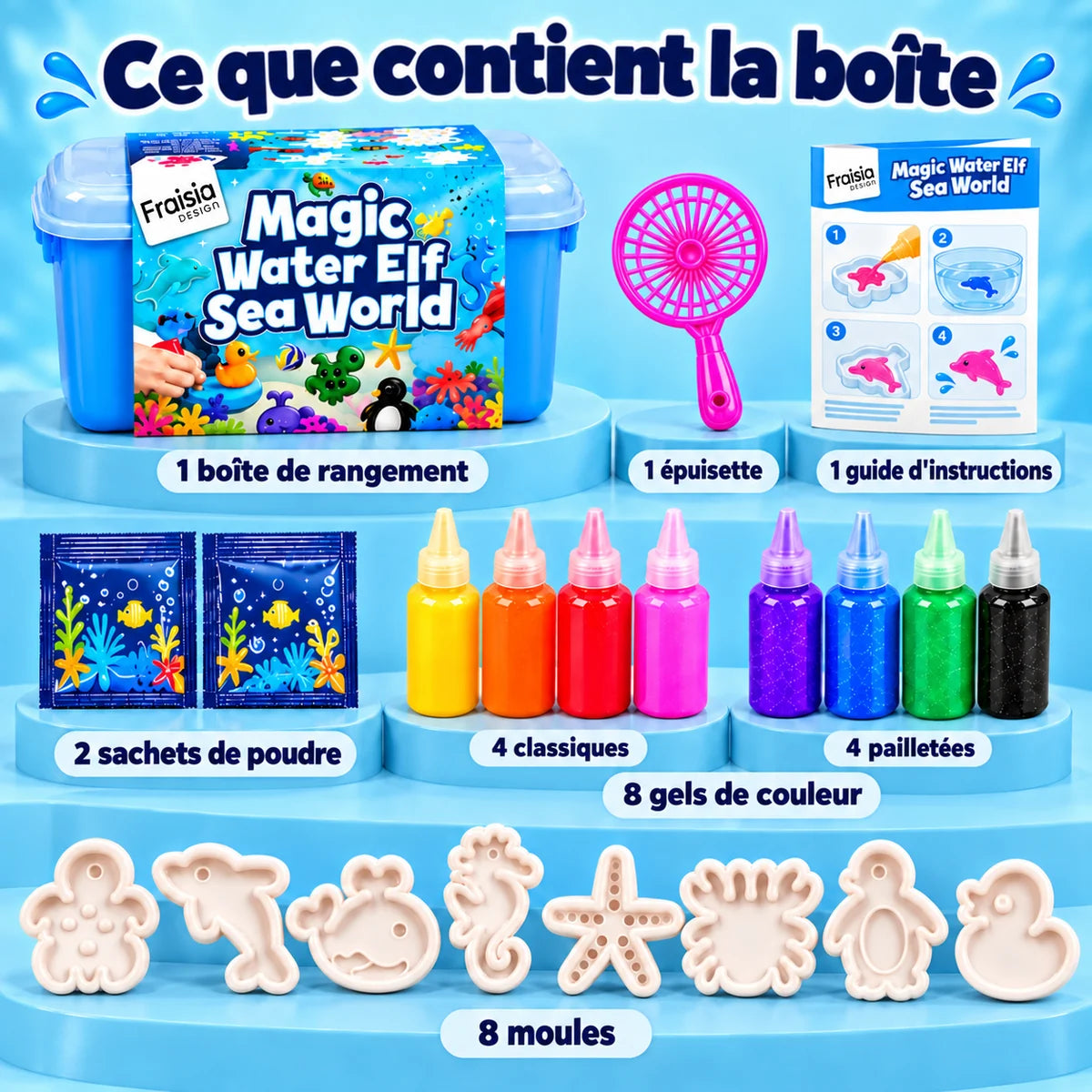 Ce que contient la boîte : boîte de rangement, épuisette, notice, poudre, 8 gels, 8 moules