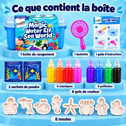 Ce que contient la boîte : boîte de rangement, épuisette, notice, poudre, 8 gels, 8 moules