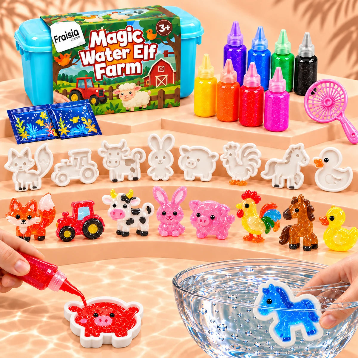 Kit Magic Water Ferme : coffret, gels colorés, moules et squishies animaux de la ferme