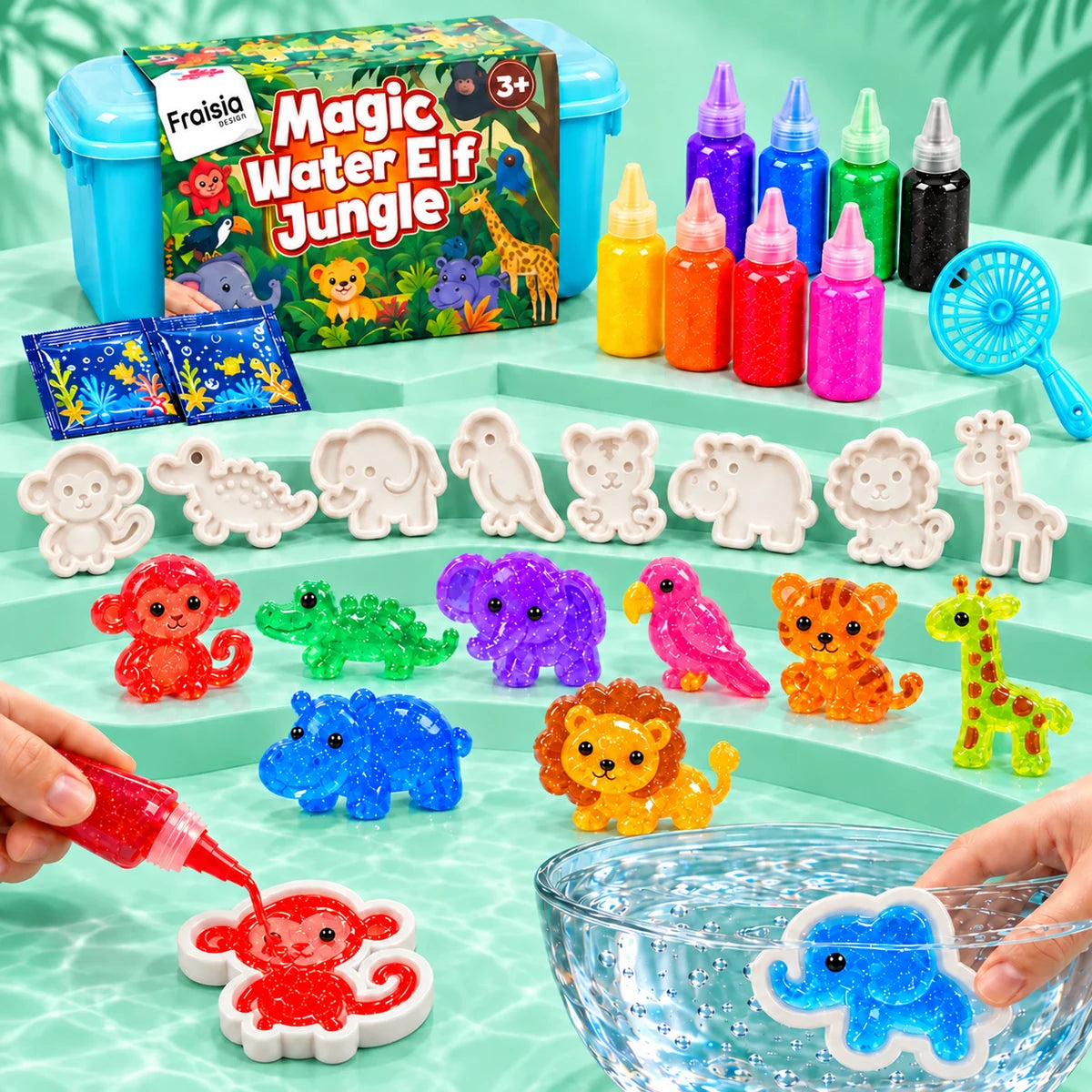 Kit Magic Water Jungle : coffret, gels colorés, moules et squishies animaux de la jungle
