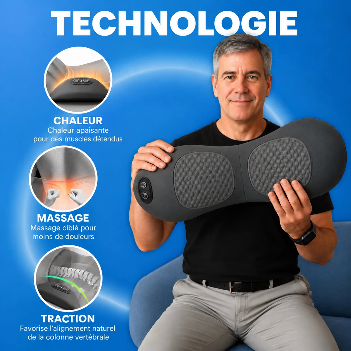Technologie 3-en-1 : chaleur, massage, traction