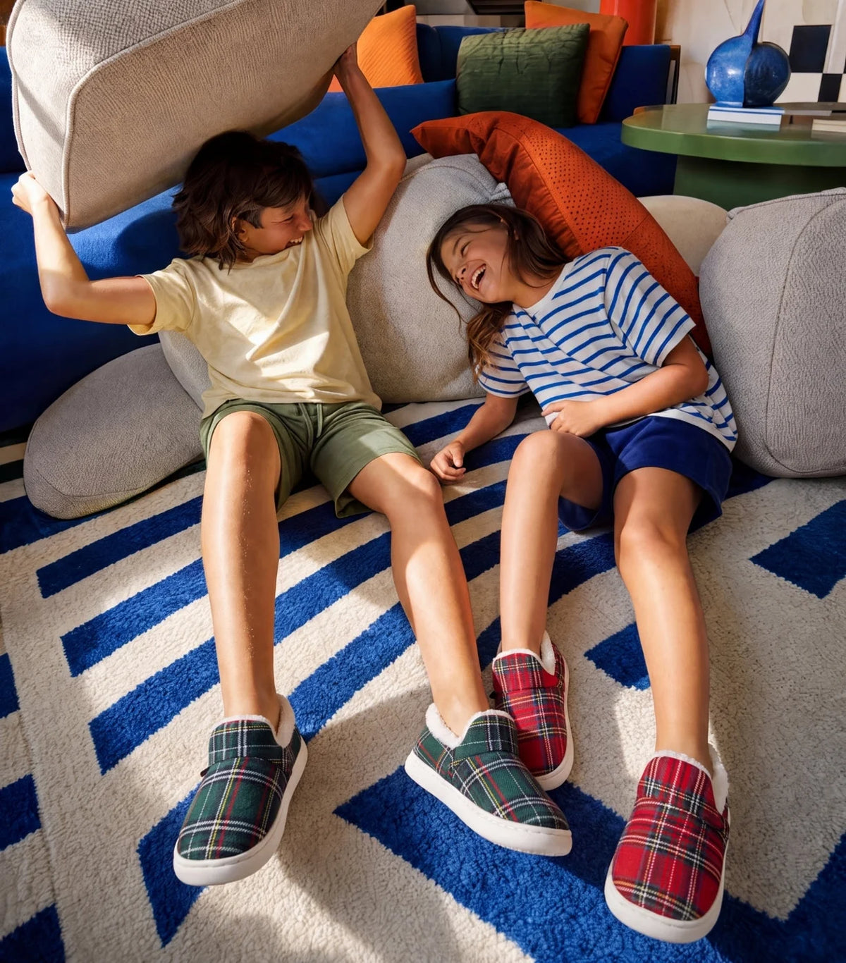 Pantoufles Nuage Enfant — Tartan vert