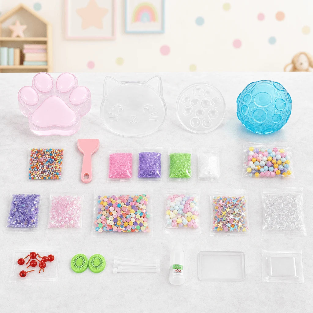 Contenu du Kit Squishy Fleur DIY : moules, billes, paillettes et accessoires