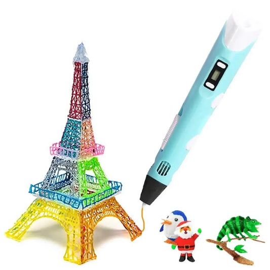 Stylo 3D Créatif bleu ciel avec tour Eiffel, bonhomme de neige et caméléon créés en 3D