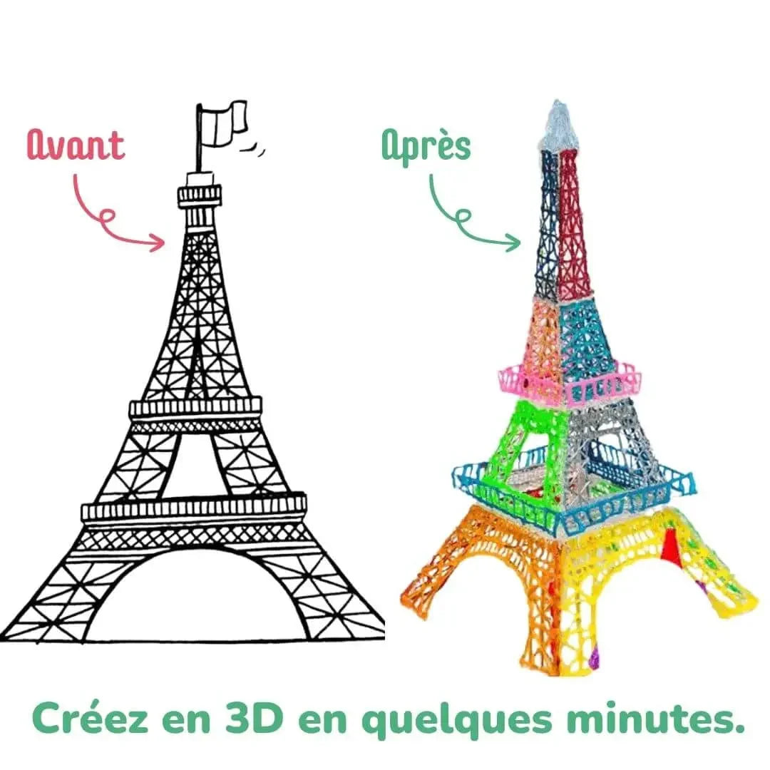 Avant / après : d'un dessin plat à une tour Eiffel en 3D