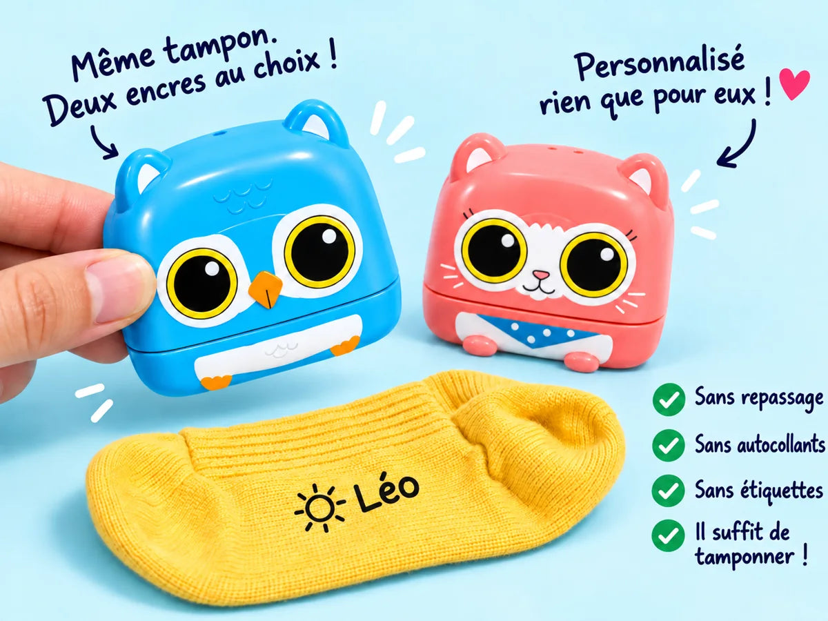 Tampon prénom personnalisé hibou et chat, deux encres au choix, sans repassage ni étiquettes