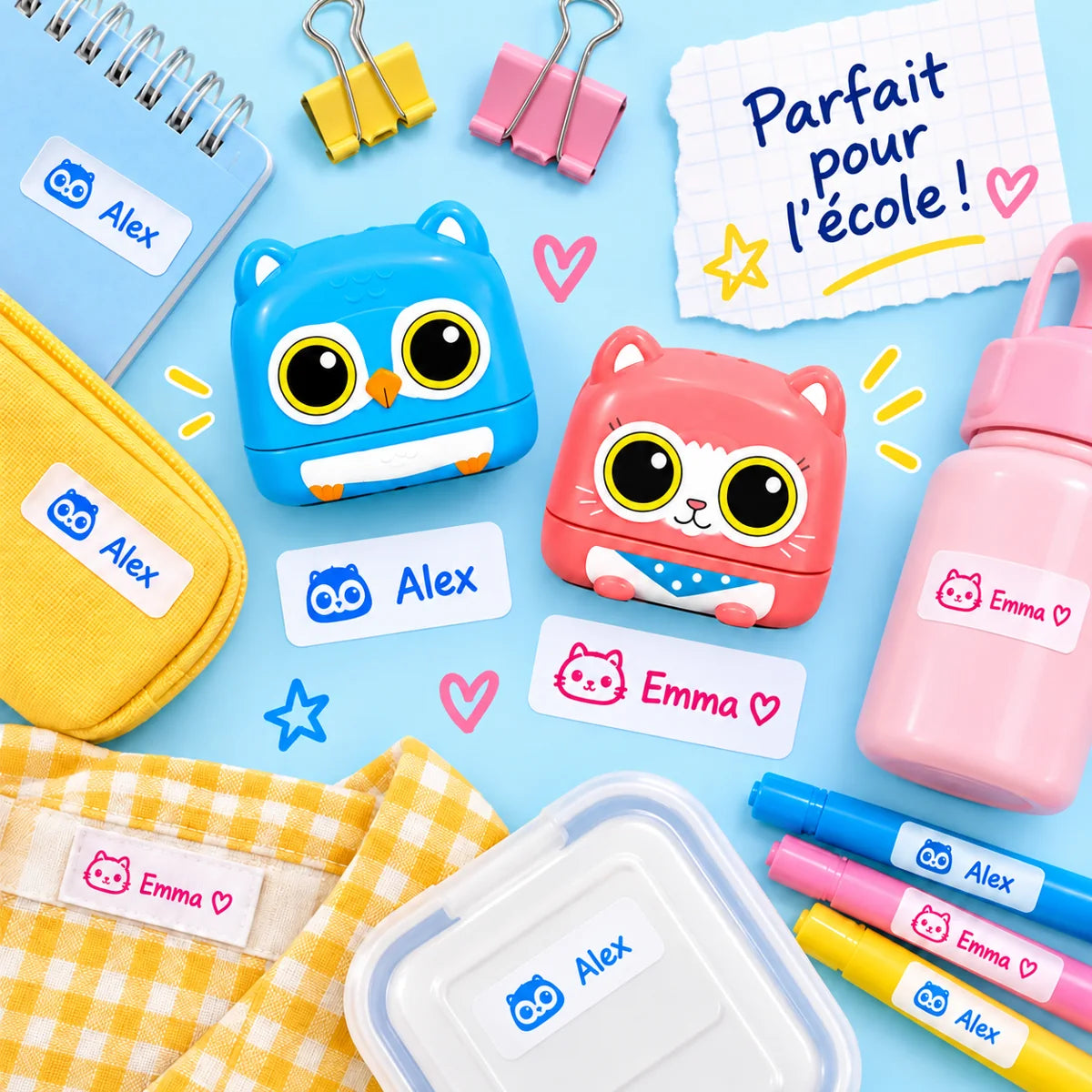 Fournitures scolaires marquées aux prénoms Alex et Emma